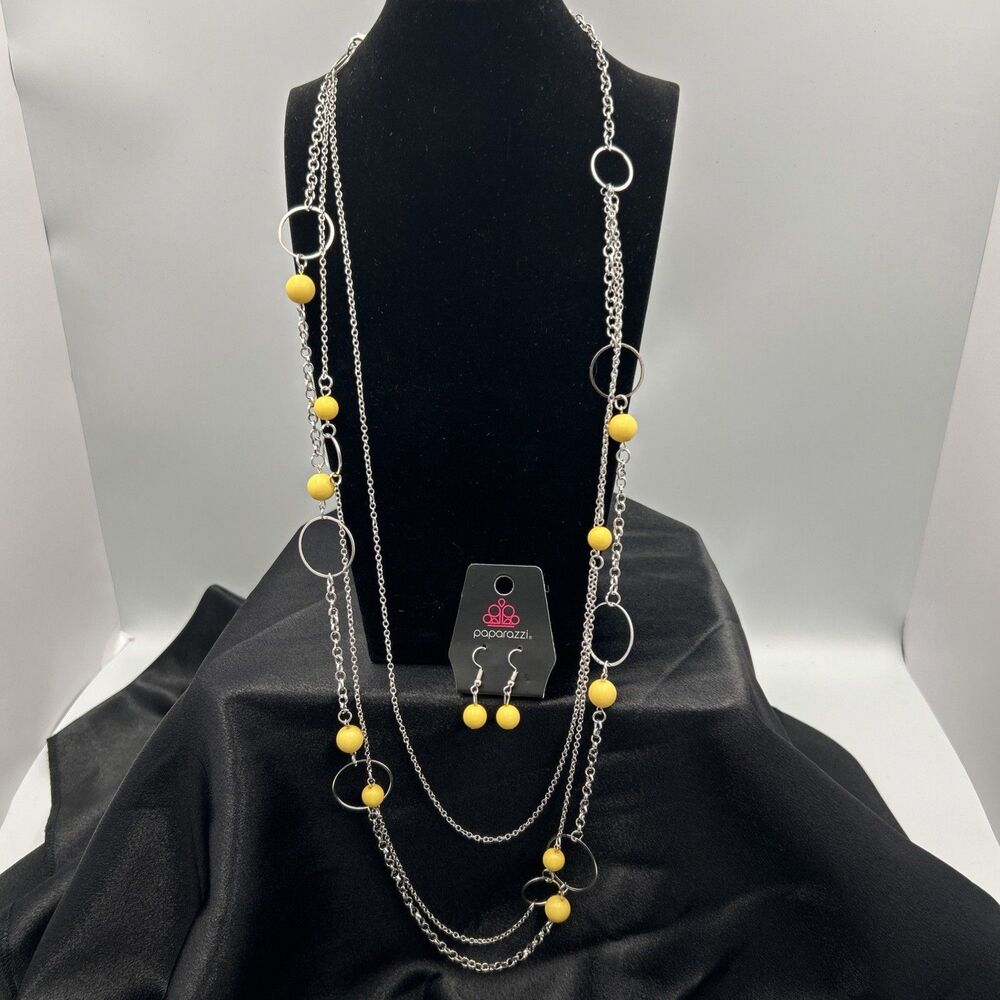 Paparazzi Silver Tone Yellow Bead Layered Necklace & Earrings Set NWT